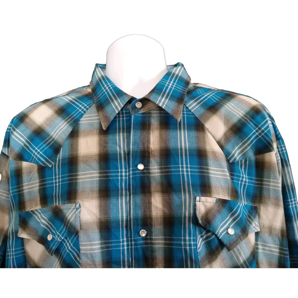 Plains Western Wear Big Man Men's Blue Plaid Pearl Snap Button Front Long Sleeve